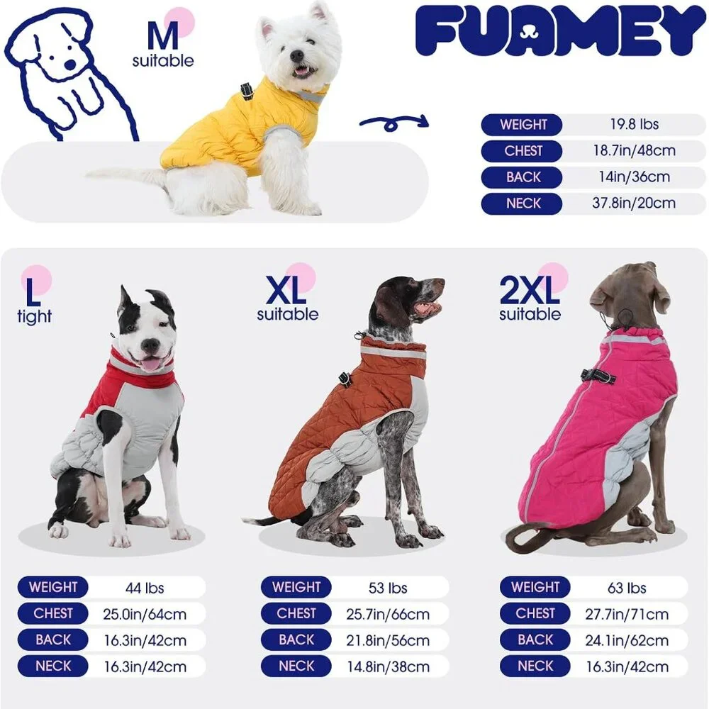 FUAMEY Dog Coat for Large Dogs,Waterproof Dog Winter Jacket with Harness